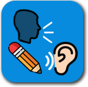 An icon showing listening, talking, and writing