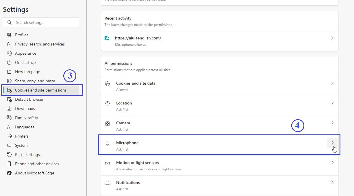 screenshot of Edge permission for microphone, Step 2