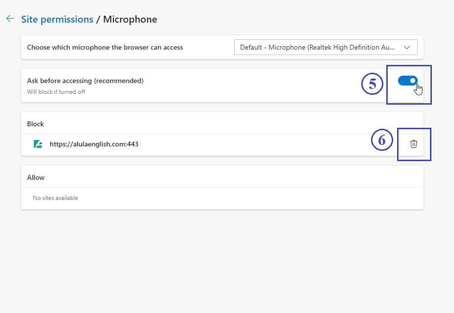 screenshot of Edge permission for microphone, Step 3