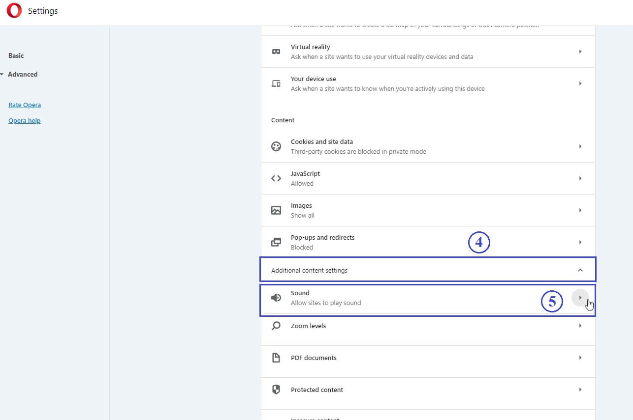 screenshot of Opera permission for sound, Step 3