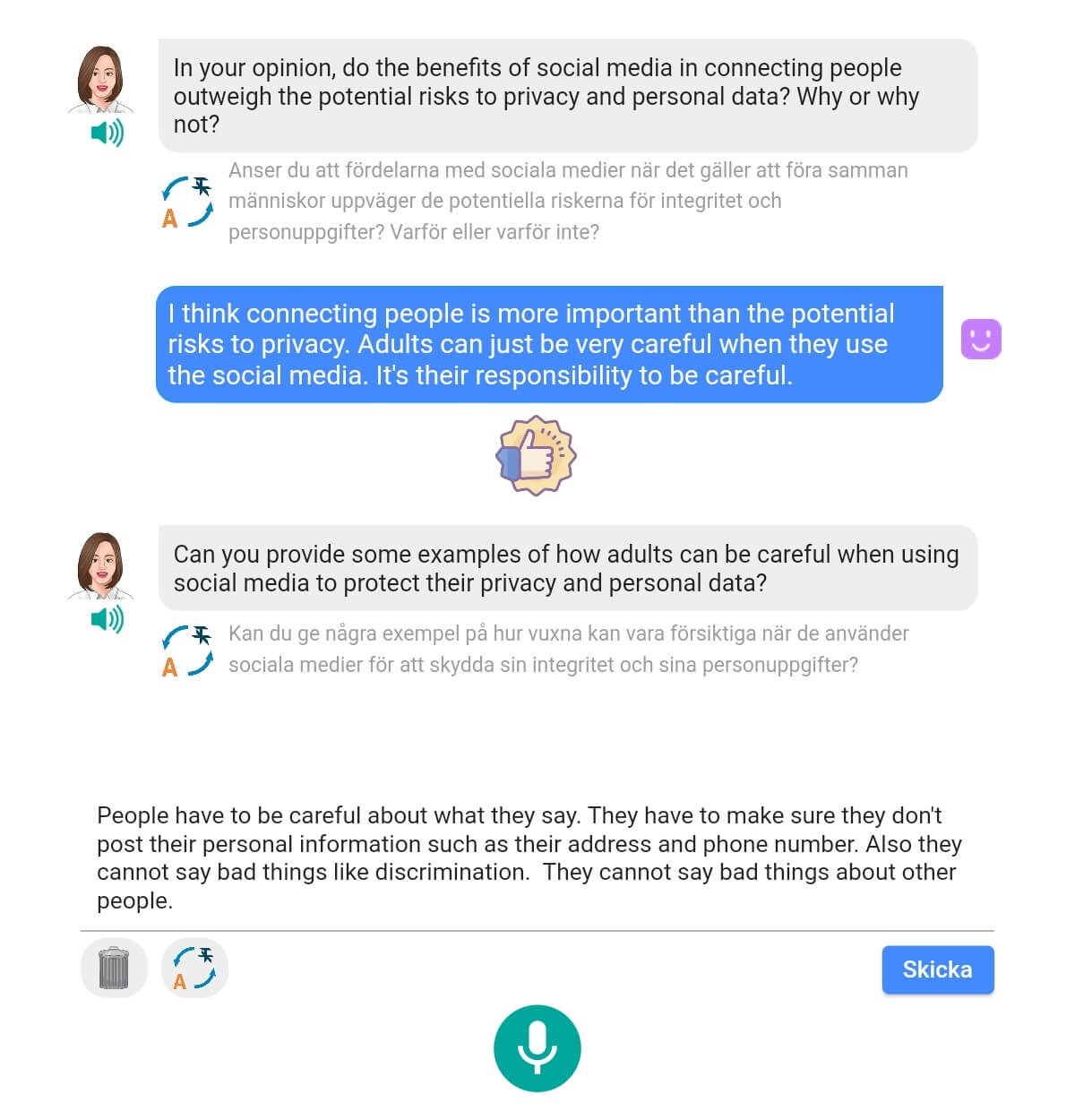 A screenshot of conversation exercise