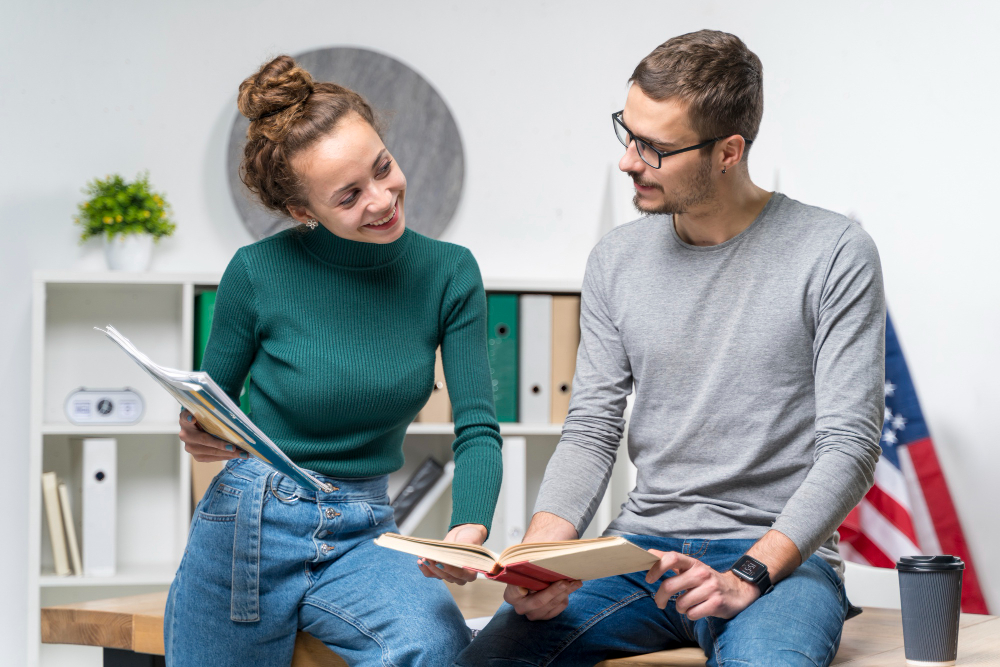 Two people learning English together